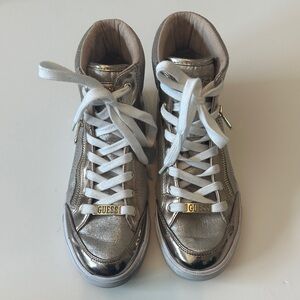 Guess Metallic Silver Golden High-Top Sneakers w/ White Laces Stylish Comfy 7.5